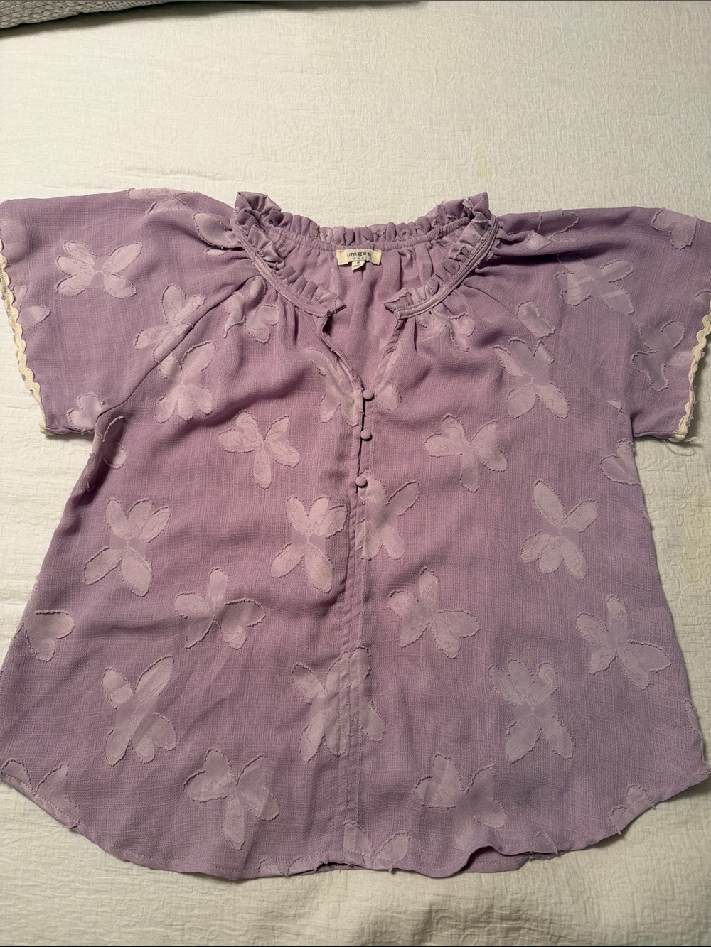 Woman Lavender Butterfly Ruffle-Neck Top